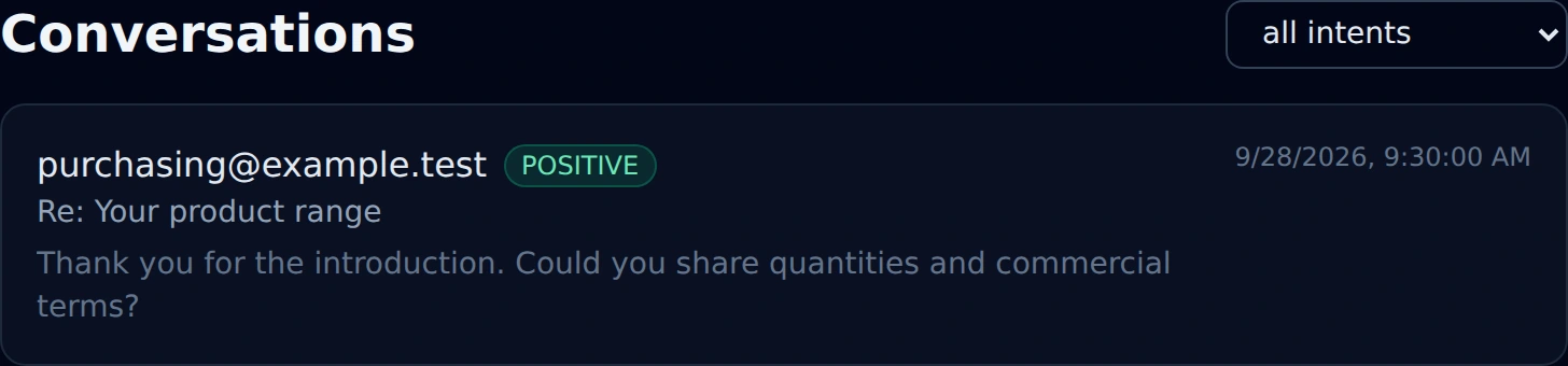 Actual MasterCRM Conversations interface with a fictional buyer reply.